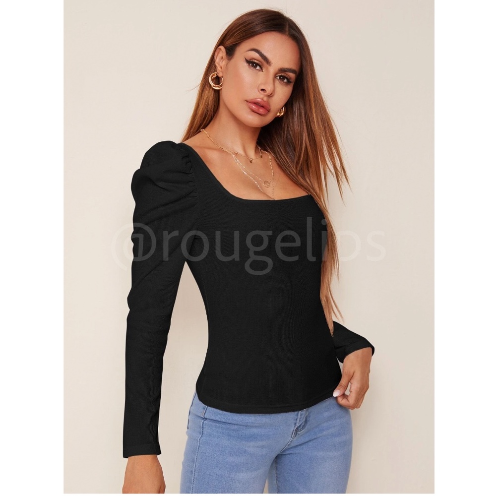 Black Rib Knit Square Neck Puff Long Sleeve Slim Fit Shirt Top - Picture 2 of 6